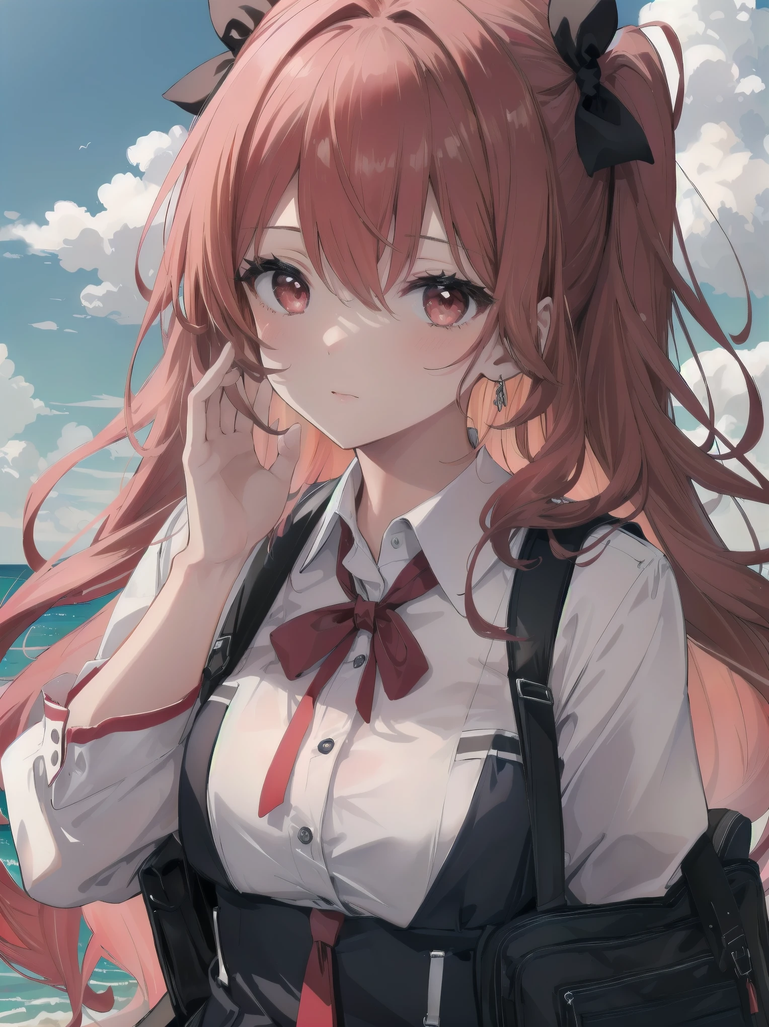 Masterpiece, top quality, super detailed, 16k,
One girl, spring, high school, warm colors, school bag, accurate and highly detailed background, flock of schoolgirls in uniforms of various body shapes and hairstyles, cute.
Blake.
A beautiful girl with wavy crimson hair. she is very well developed, Beautiful girl with wavy red hair. Suspended eyes, red eyes, good looks, big tits