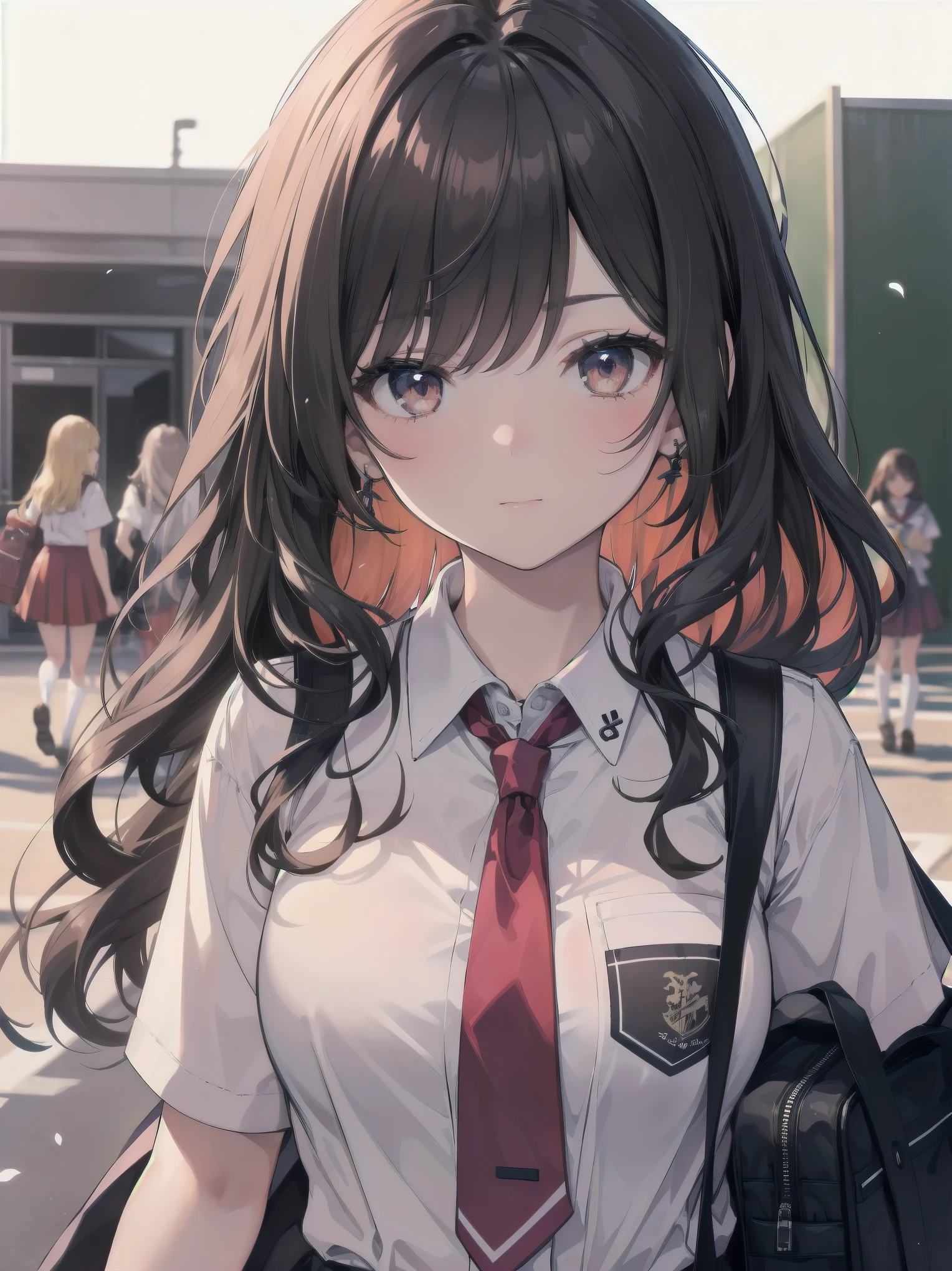 Masterpiece, top quality, super detailed, 16k,
One girl, spring, high school, warm colors, school bag, accurate and highly detailed background, flock of schoolgirls in uniforms of various body shapes and hairstyles, cute.
Blake.

A beautiful girl with wavy crimson hair. she is very well developed