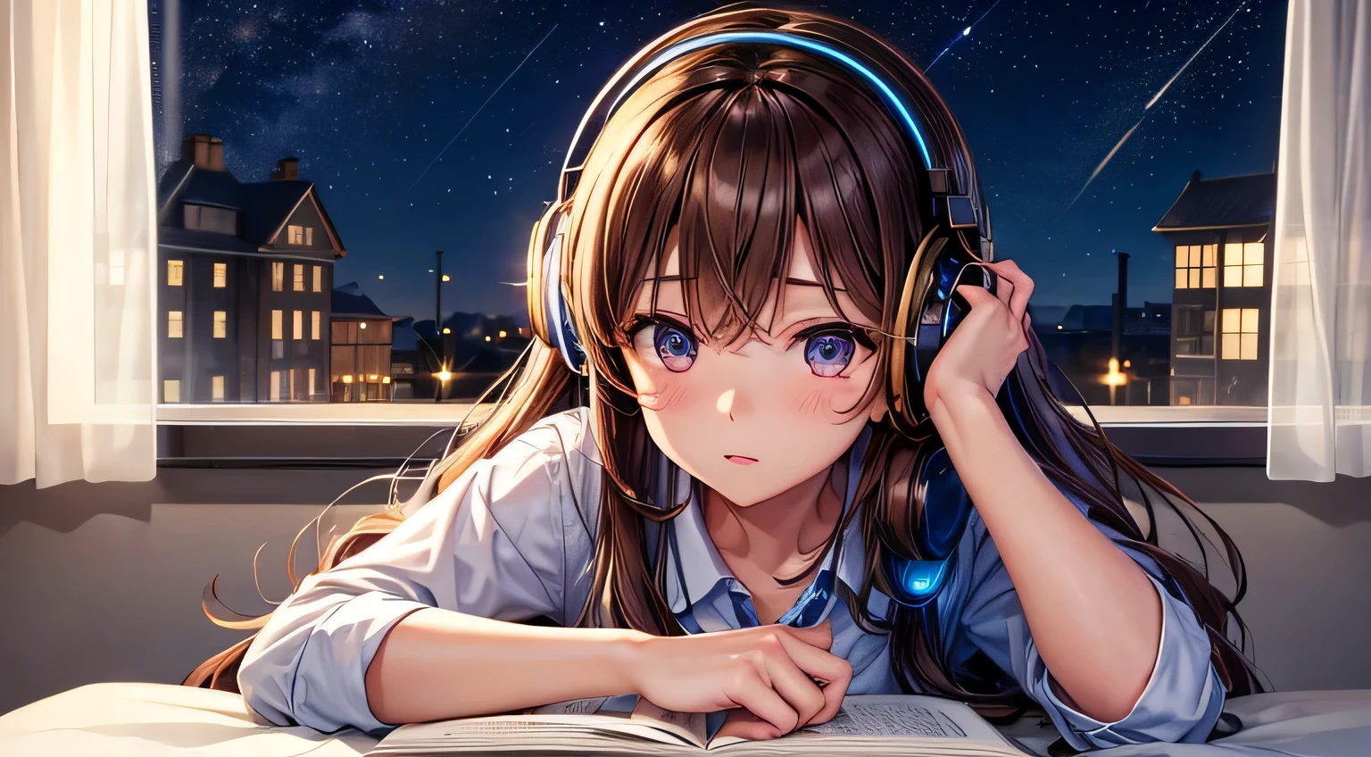 A girl studying in her room Brown Hair Long Hair Headphones Night's Room illumination Perfect facial expression Perfect eye depiction Perfect finger depiction night Outside the window is a starry sky