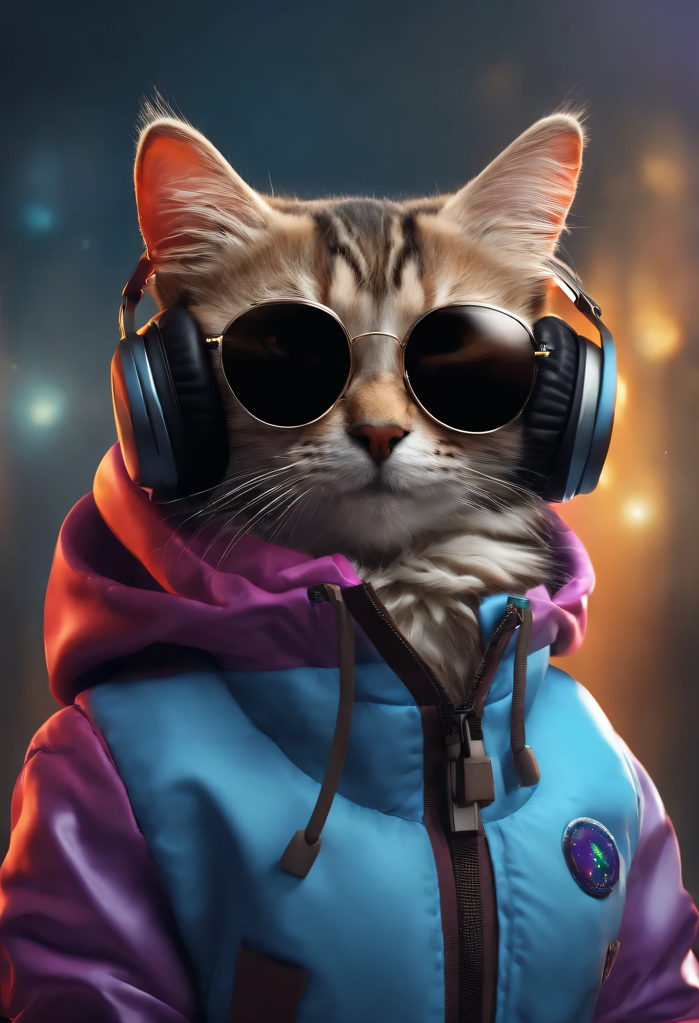 Perfect centering, Cute  cat, Wear a jacket, Wearing sunglasses, Wearing headphones, cheerfulness, Standing position, Abstract beauty, Centered, Looking at the camera, Facing the camera, Approaching perfection, Dynamic, Highly detailed, Smooth, Sharp Focus, 8K