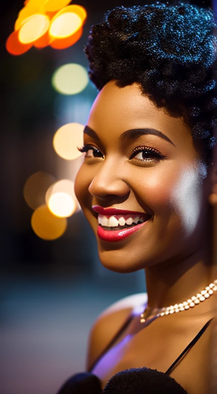 Maxine Sullivan, 1930s jazz singer, photo \(medium\), solo, depth of field, 1girl, blurry foreground, realistic, lips, teeth, 3d, afro, smile, photorealistic, black hair