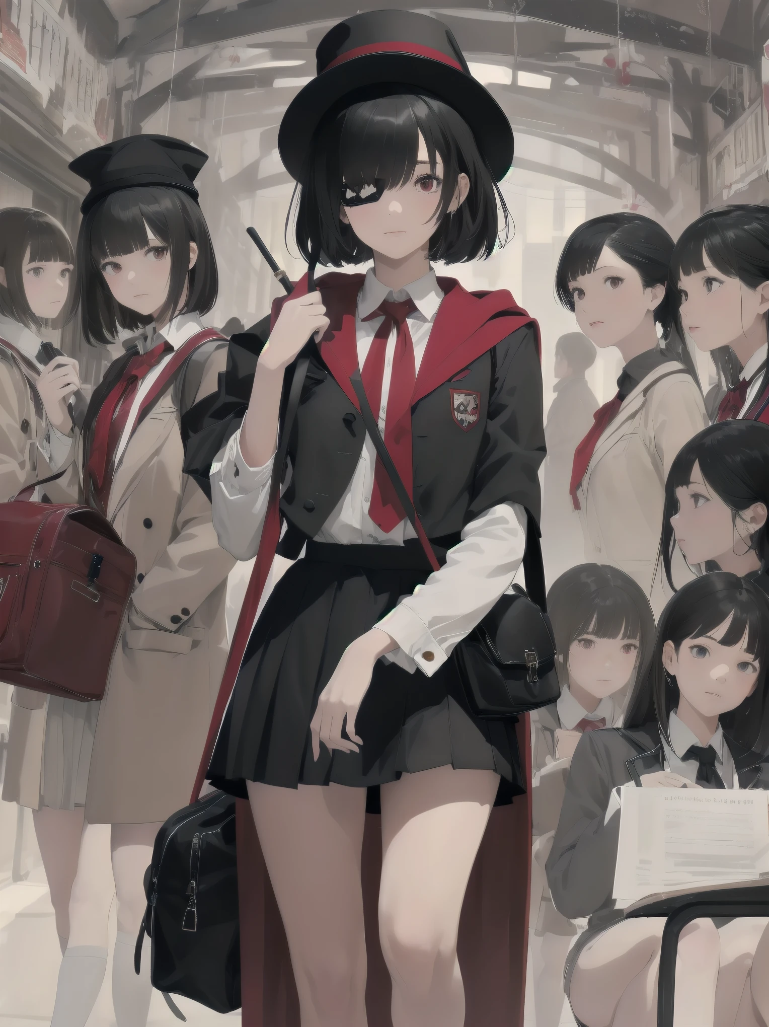 Masterpiece, top quality, super detailed, 16k,
One girl, spring, high school, warm colors, school bag, accurate and highly detailed background, flock of schoolgirls in uniforms of various body shapes and hairstyles, cute.
Blake.
Black hair with a short bob cut with bangs, big red eyes, black cloak, red miniskirt, black pointy hat, and wizard-like outfit.
Robe, cane, eyepatch over left eye,