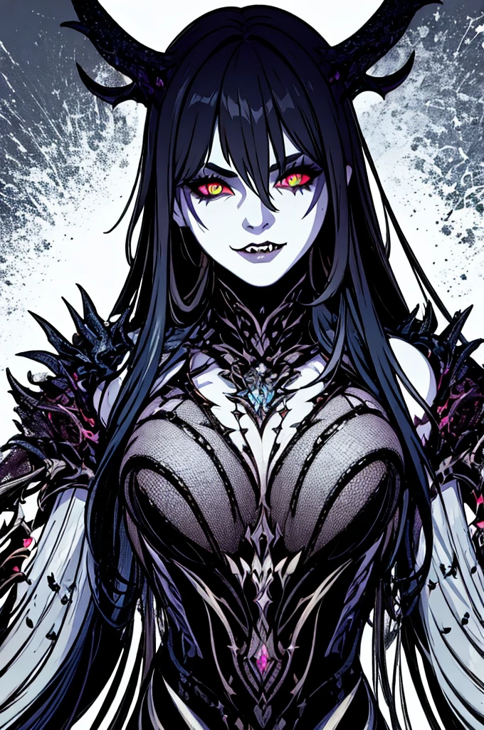(highres, realistic:1.37),a female humanoid monster,beautiful detailed eyes,sharp fangs,luminous glowing skin,dark and eerie atmosphere,ominously misty surroundings,sinisterly elegant appearance,long claws,ferocious expression,snarling face,exotic otherworldly beauty,horror-fantasy concept art,vivid colors,dramatic lighting
