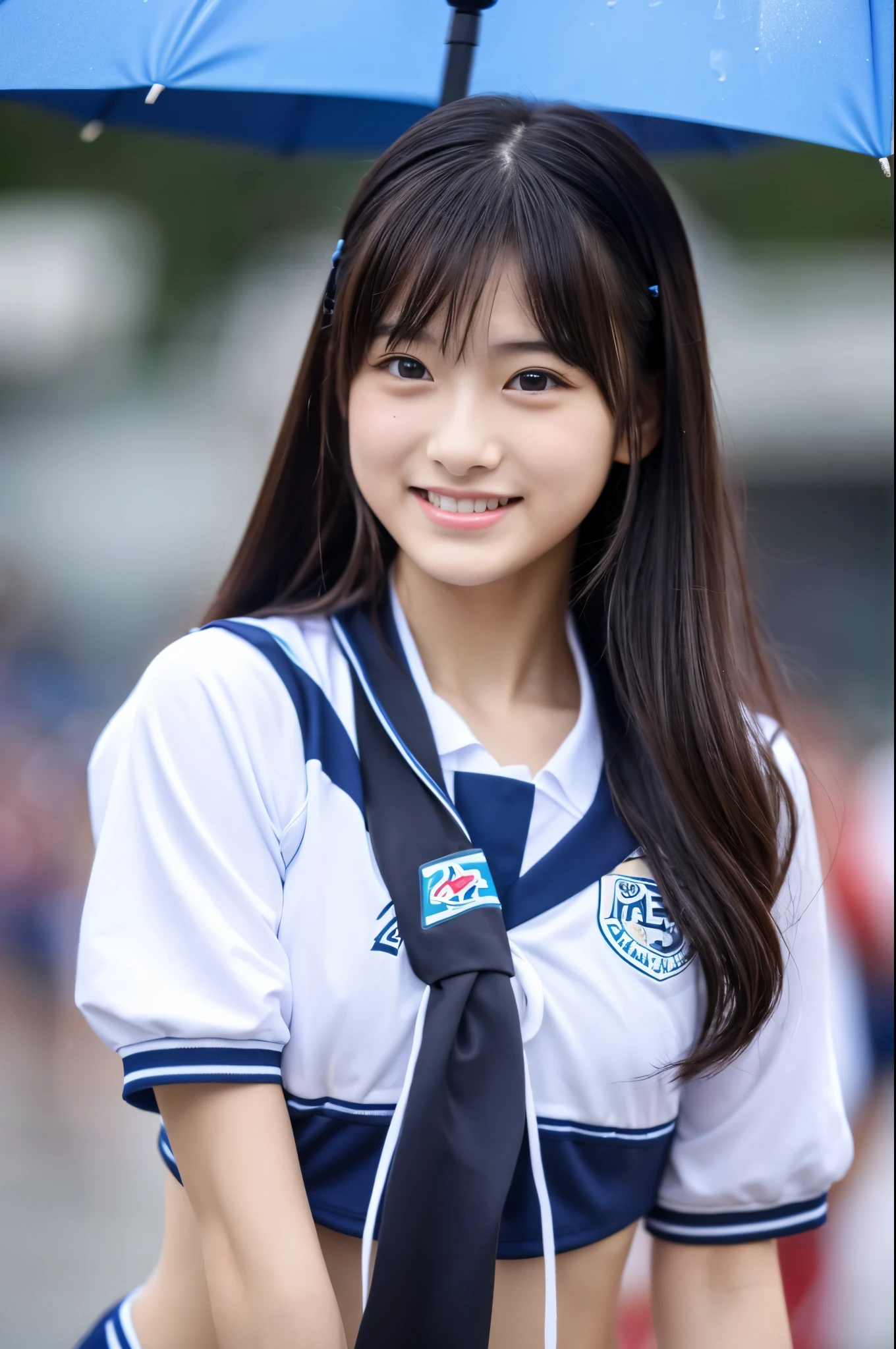 アイドルのようにvery cute、Cute and adorable、16歳のYoung faceに見える18歳の高校生少女, Young face、very cute、Smiling Kindly、Cheerleader、The uniform is a bikini type.、Bust-visible design、Nipples are visible、Sitting on one's knees in the schoolyard、whole body像、whole body、 Natural light、Accurate、Anatomically correct、Textured skin、Super Detail、 Attention to detail、highest quality、High resolution、Real、realism、Raw photo、Genuine、masterpiece
