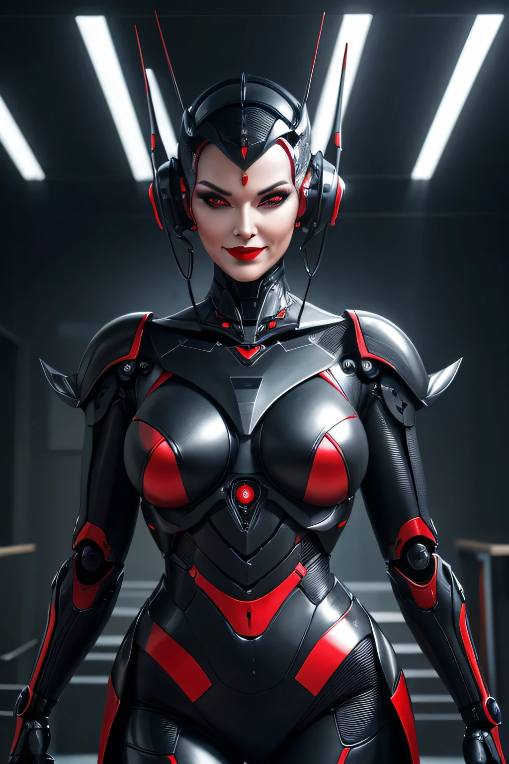Middle-aged woman transformed into evil spy robot　Mechanical body　It has an antenna on its head　The background is the study, makeup, evil smile, red lips, UHD, retina, masterpiece, ccurate, anatomically correct, textured skin, super detail, high details, high quality, award winning, best quality, highres