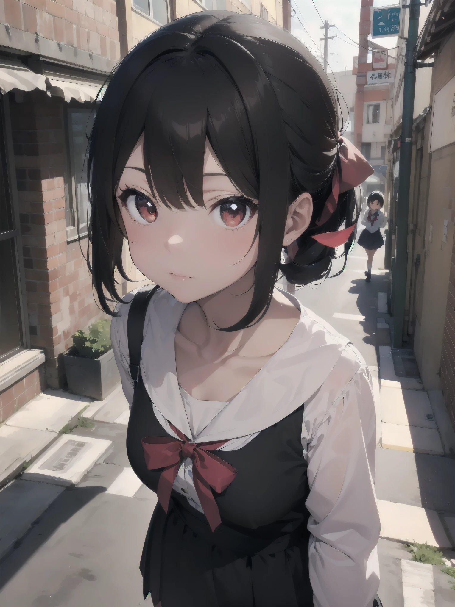 Masterpiece, top quality, super detailed, 16k, One girl, spring, high school, warm colors, school bag, accurate and highly detailed background, flock of schoolgirls in uniforms of various body shapes and hairstyles, cute. Blake. kaguya shinomiya, red eyes, black hair, ribbon, red ribbon, hair ribbon, parted bangs, folded ponytail, , shuuchiin academy , dress, sidelocks, breasts, black dress, collarbone, short hair, long sleeves