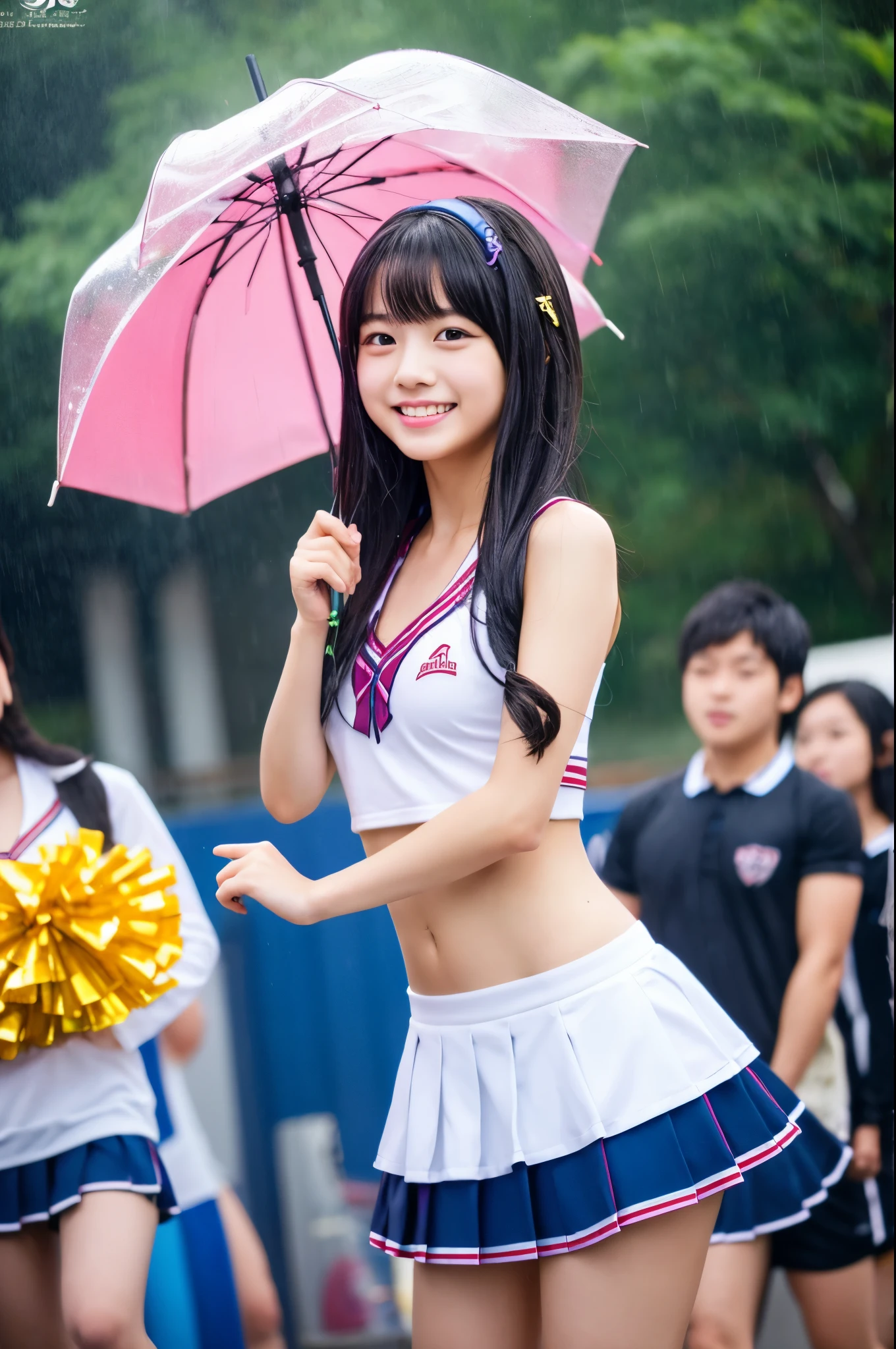 The heavy rain has left my hair, face and clothes soaked. Rain-soaked face or dripping water masterpiece、超High resolution、well done!、彼女 has a very cute face and a young figure like an idol.18 year old Japanese cheerleader、Gentle and cute、A gentle smile is wet with rain、She is a member of the cheerleading club、Cheerleader uniforms are bikini-type, exposing cleavage clearly.、Sucking rain soaked Cheering on a soccer match as a rear leader in the heavy rain large size bust、whole body、RAW Photos、Genuine、High resolution、Life、No copyright notice