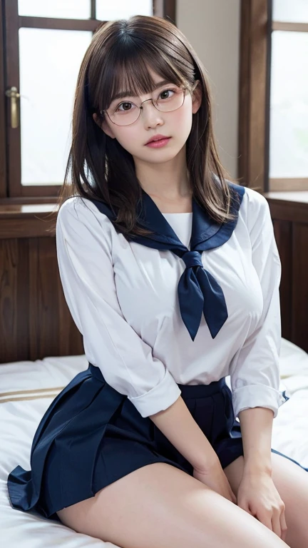 Sitting with legs crossed,1 girl, Very bright backlight,alone, {Beautiful and detailed}, Photo lying in bed, Very beautiful big (Huge breasts:1.5) And a small waist ((Press the chest)) 、Big Breasts,Calm expression, Natural soft light,, Delicate features, Blunt bangs, Beautiful Japanese Girl, 18-year-old, ((Seductive pose)), attractive figure,(Blonde), Light grain, Real Hands, masterpiece, highest quality, Realistic, Very detailed, In detail, High resolution,Beautiful Hair, Perfect dynamic composition, Beautiful and beautiful eyes, Japanese Idols,((I'm nervous and embarrassed)),Sharp focus, beauty mix, (Sailor suit:1.3),Movie Girl,Exhibitionism,shirt,skirt,Showing off,short hair,Curly Hair,shame,Glasses
