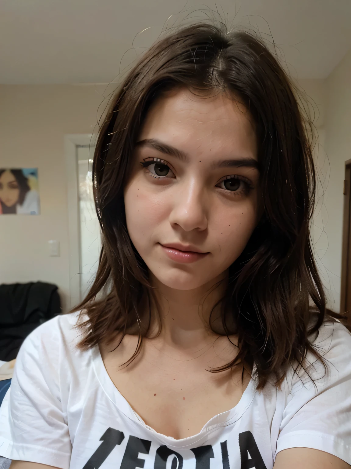 Uma foto de luiza, uma de 19 anos, morena, cabelos loiros, olhos azuis, de blusa e saia curta, looking at camera