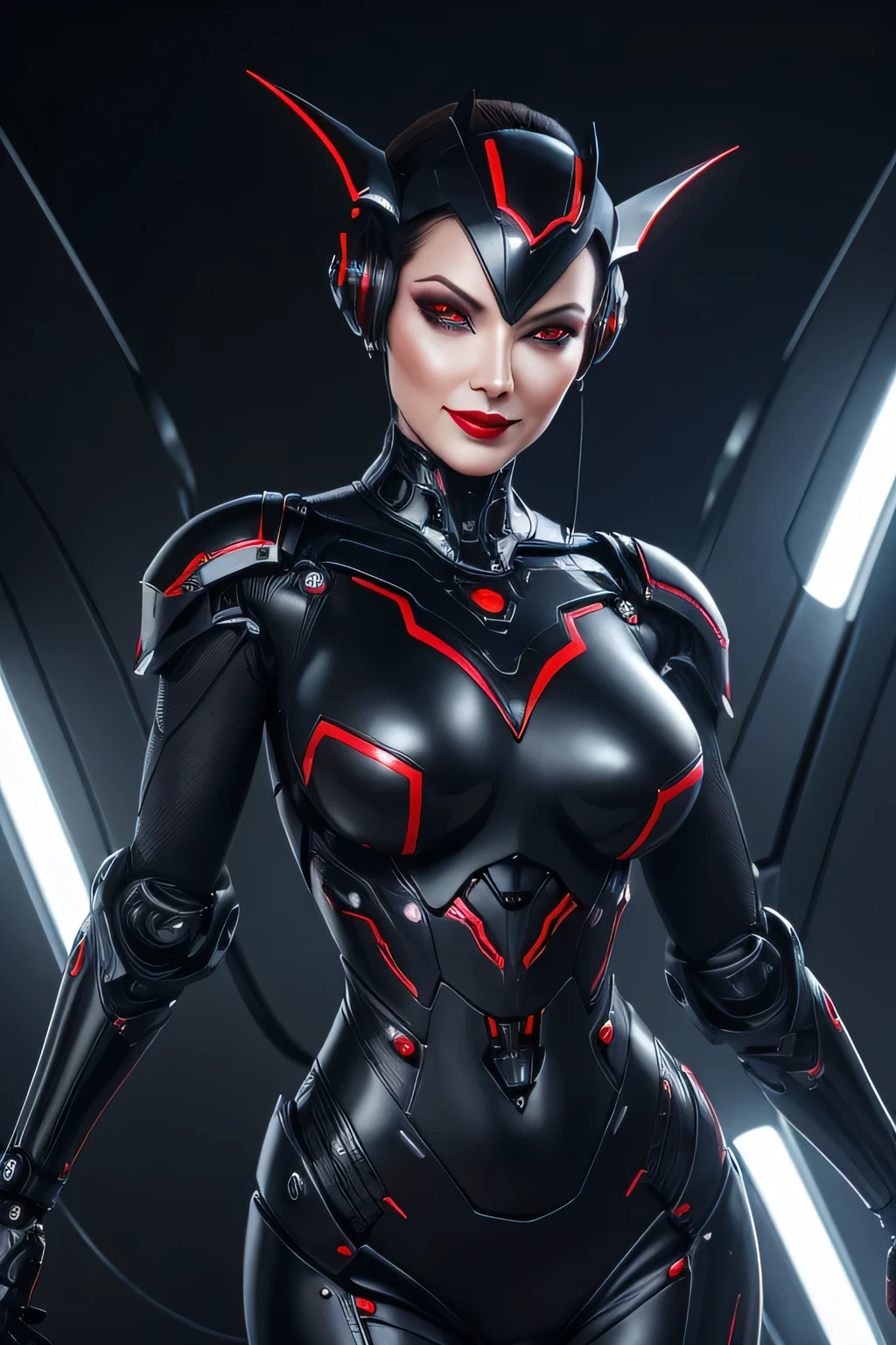 Middle-aged woman transformed into evil spy robot Mechanical body It has an antenna on its head The background is the study, makeup, evil smile, red lips, UHD, retina, masterpiece, ccurate, anatomically correct, textured skin, super detail, high details, high quality, award winning, best quality, highres