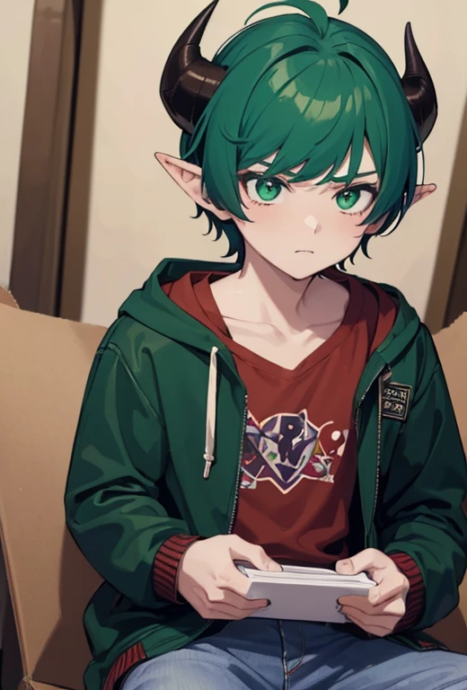 (Superior Quality, Masterpiece: 1.2), 1 boy, horned, animated, green hair, rosy bangs, emerald eyes, horns, purple theme, gazing at the audience, hoodie, leather jacket, red shirt, pointed ears, little devil, solo, wearing a shirt, short curly hair.