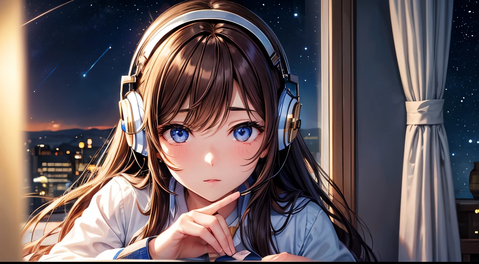 Woman studying in the room Brown Hair Long Hair Headphones nightの部屋 illumination Perfect facial expression Perfect eye depiction Perfect finger depiction night Outside the window is a starry sky