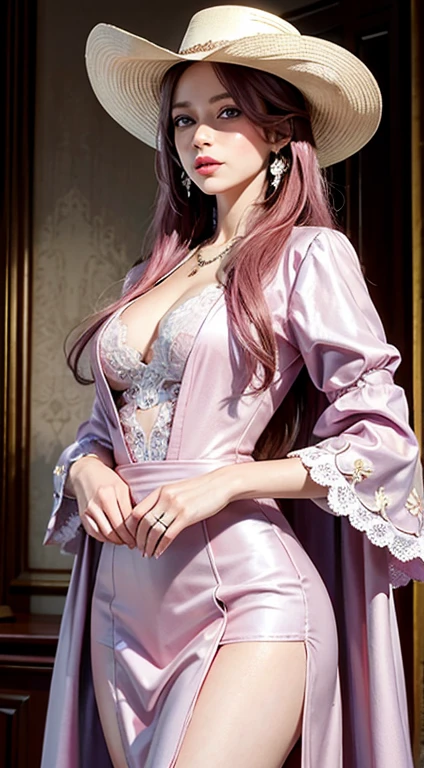 Realistic, masterpiece, realistic, high resolution, soft light, hips up, blue eyes, long hair, jewelry, tattoo, pink suit, cool style, long pink lace dress, wearing a cowboy hat.