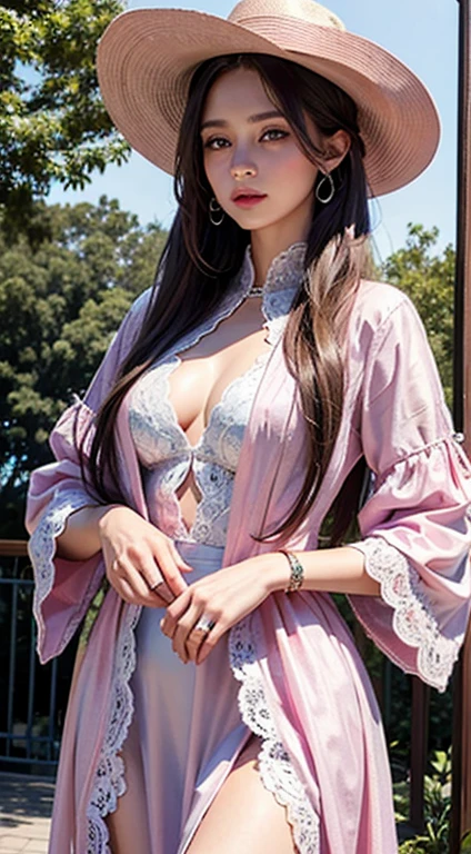 Realistic, masterpiece, realistic, high resolution, soft light, hips up, blue eyes, long hair, jewelry, tattoo, pink suit, cool style, long pink lace dress, wearing a cowboy hat.