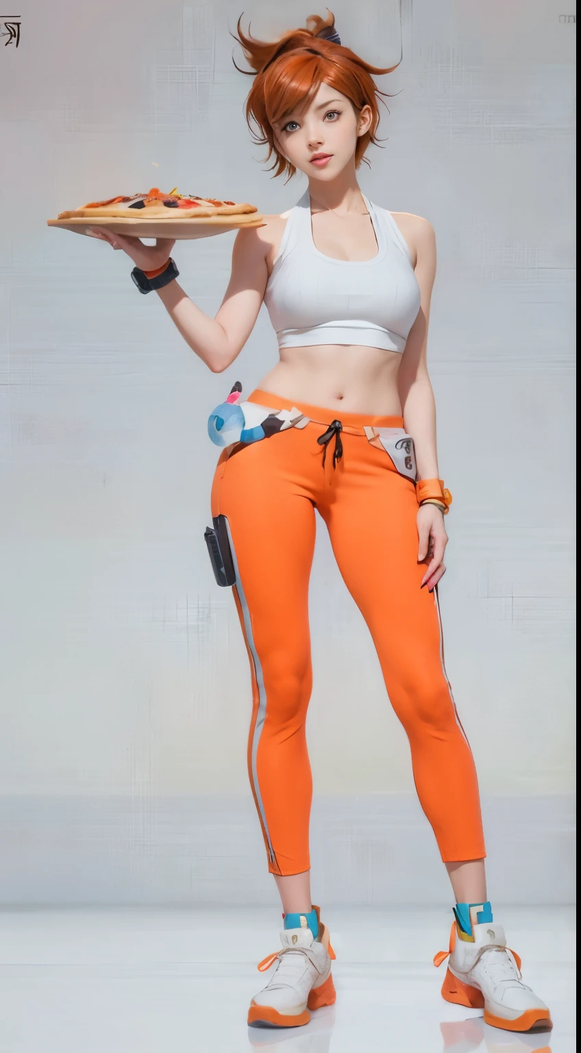 anime - style image of a woman in orange pants holding a pizza, medium breast,  leeloo outfit, chell, echo from overwatch, chell from portal, overwatch inspired, as an overwatch character, overwatch skin, overwatch style, overwatch tracer character, tracer game character, lovely brigitte from overwatch, overwatch character, full body shot hyperdetailed, pinup of tracer from overwatch