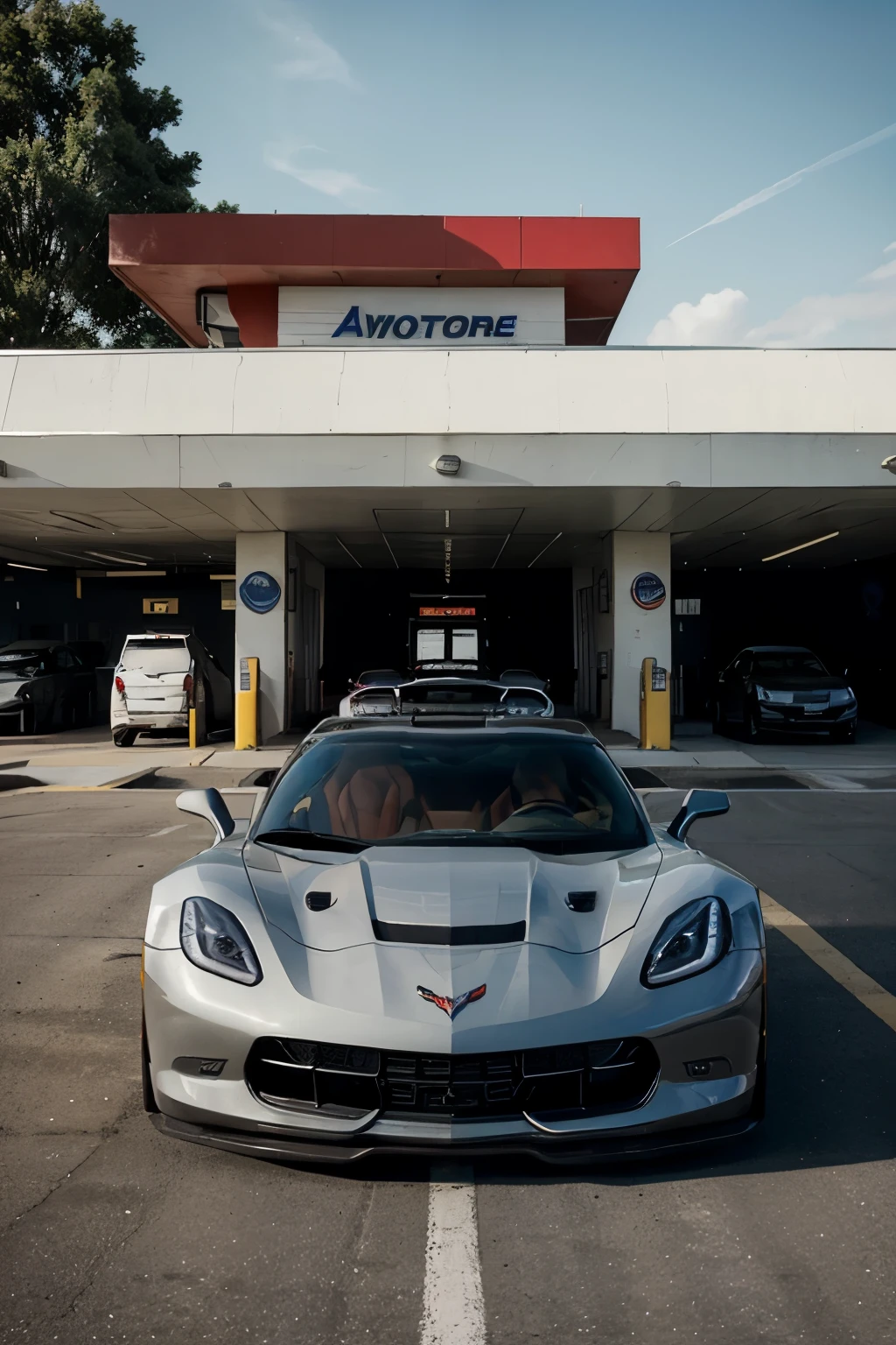 Describe a scene involving a low-slung Corvette car parked at a gas station, pronto para retomar a estrada. Convey the feeling of power and elegance of the vehicle, highlighting the aerodynamic details and bold lines of the design. Capture the gas station atmosphere, with the movement of people and vehicles around, while the Corvette stands out as the center of attention. Use nuances of light and shadow to create a cinematic environment, ressaltando os reflexos cintilantes da lataria polida e os detalhes do ambiente urbano ao redor. Emphasize the sense of anticipation and adventure, suggesting the car is about to embark on an exciting journey