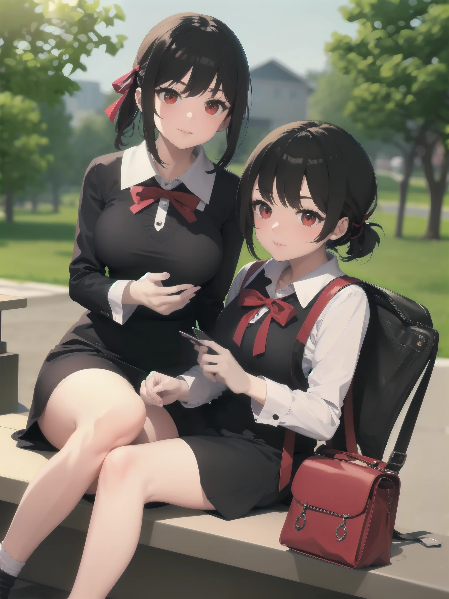 Masterpiece, top quality, super detailed, 16k, One girl, spring, high school, warm colors, school bag, accurate and highly detailed background, flock of schoolgirls in uniforms of various body shapes and hairstyles, cute. Blake. kaguya shinomiya, red eyes, black hair, ribbon, red ribbon, hair ribbon, parted bangs, folded ponytail, , shuuchiin academy , dress, sidelocks, breasts, black dress, collarbone, short hair, long sleeves