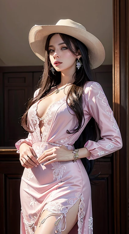 Realistic, masterpiece, realistic, high resolution, soft light, hips up, blue eyes, long hair, jewelry, tattoo, pink suit, cool style, long pink lace dress, wearing a cowboy hat.