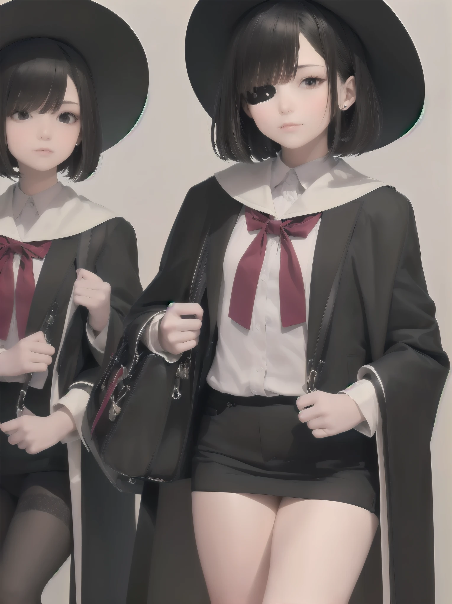 Masterpiece, top quality, super detailed, 16k,
One girl, spring, high school, warm colors, school bag, accurate and highly detailed background, flock of schoolgirls in uniforms of various body shapes and hairstyles, cute.
Blake.
Black hair with a short bob cut with bangs, big red eyes, black cloak, red miniskirt, black pointy hat, and wizard-like outfit.
Robe, cane, eyepatch over left eye,