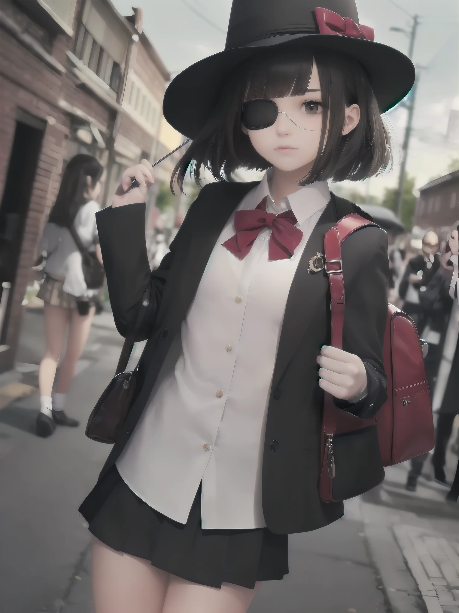 Masterpiece, top quality, super detailed, 16k,
One girl, spring, high school, warm colors, school bag, accurate and highly detailed background, flock of schoolgirls in uniforms of various body shapes and hairstyles, cute.
Blake.
Black hair with a short bob cut with bangs, big red eyes, black cloak, red miniskirt, black pointy hat, and wizard-like outfit.
Robe, cane, eyepatch over left eye,