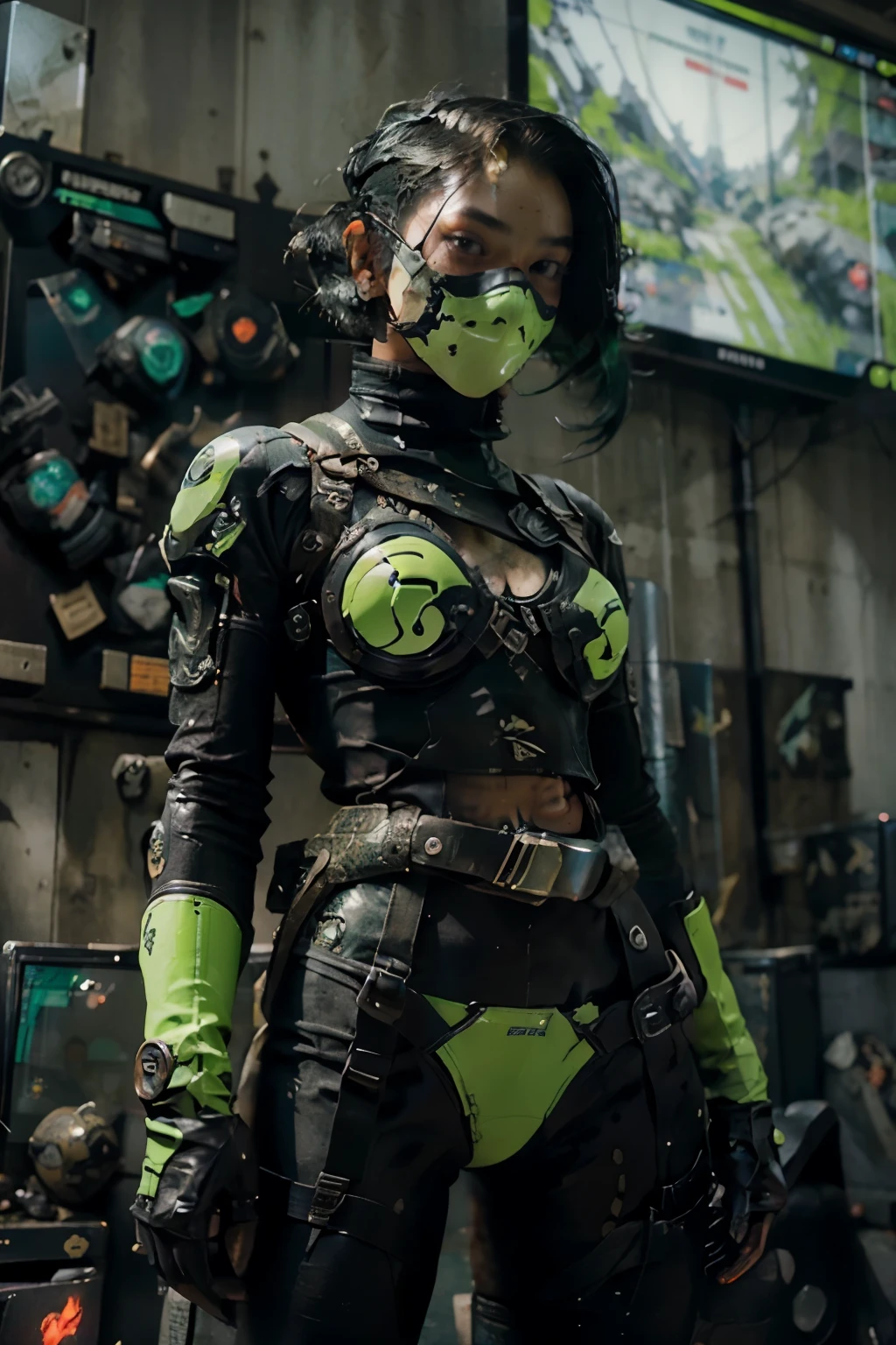 beautiful japanese young woman, extreme detailed, bodysuit, gloves, belt, thigh boots, (valorantViper:1.2), bodysuit, gloves, belt, thigh boots, respirator, looking at viewer, face, portrait, close-up, green, slender, (combat ready stance), (tactical outfit), (solo character), (gaming theme:1.5), short hair, green, (black hair), (milittary gear), (gas mask:0.4), (poisonous green:1.2), (glowing effects),