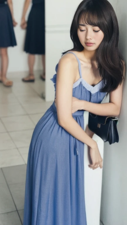(1 girl, Peeしたい, Pee herself, Pee, Pee self, Are crying, An urgent need to go to the toilet), (Peeしたい, Peeしたい, Pee, Pee self, Pee, Pee self:1.3), (Girls waiting in line for the toilet, Maxi Dresses, Long skirt, 1 handbag, Peeしたい, Cover your groin area, Knees together and feet apart:1.7), (Place your hands between your legs, Leaning forward:1.3), (Shadowed face, Despair, anxiety, Haa, Apply blush all over the face, Embarrassing, avert your eyes:1.5), (The girl can't stand up straight:1.5), (whole body:1.2), (Highly detailed face, highest quality:1.5), (From the side:1.1), Open your mouth a little, Natural Makeup