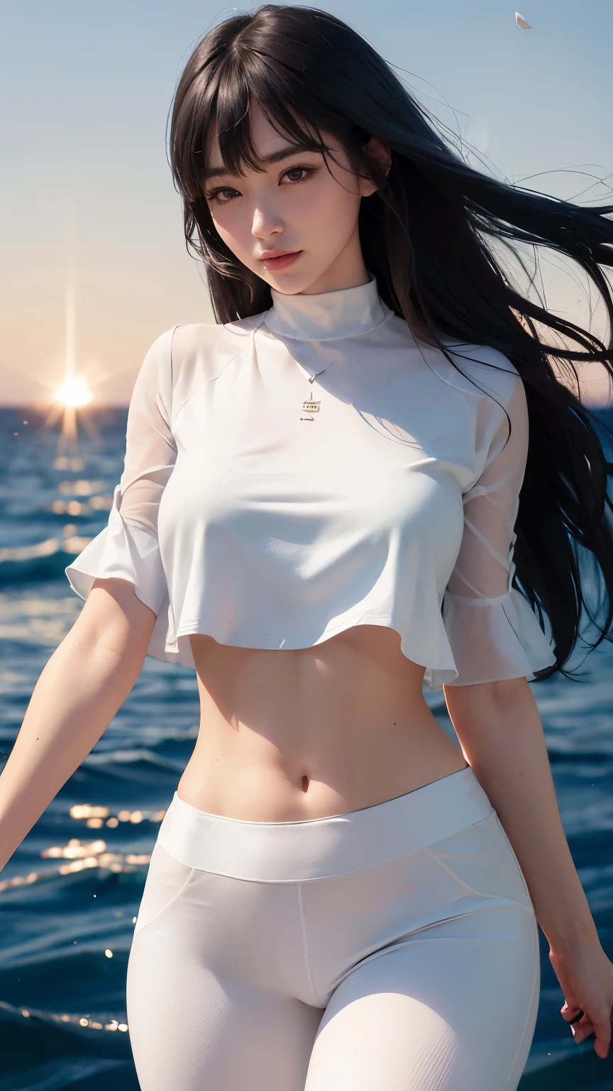 (logo、masterpiece、8k、Tabletop、RAW Photos、wonderful、最high quality、Photorealistic and Very detailed CG integrated 8k wallpaper、high quality、Very detailed、Narrative poem、Particle Effects、Dynamic Effects、Written boundary depth、Cinematic Light、Lens flare、Ray Tracing)、Fantasy、 (One beautiful woman、White Pants、White T-shirt、White tube top、White crop top、Black-haired、Beautiful Face、True Face、Beautiful details、eye、Beautiful Skin、Ultimate Body、glamorous)、私の髪はWindに舞う、Hair flutters in Wind、Hair bounces、Petals fluttering、wonderful scenery、sunrise、Sun in the background、Wind