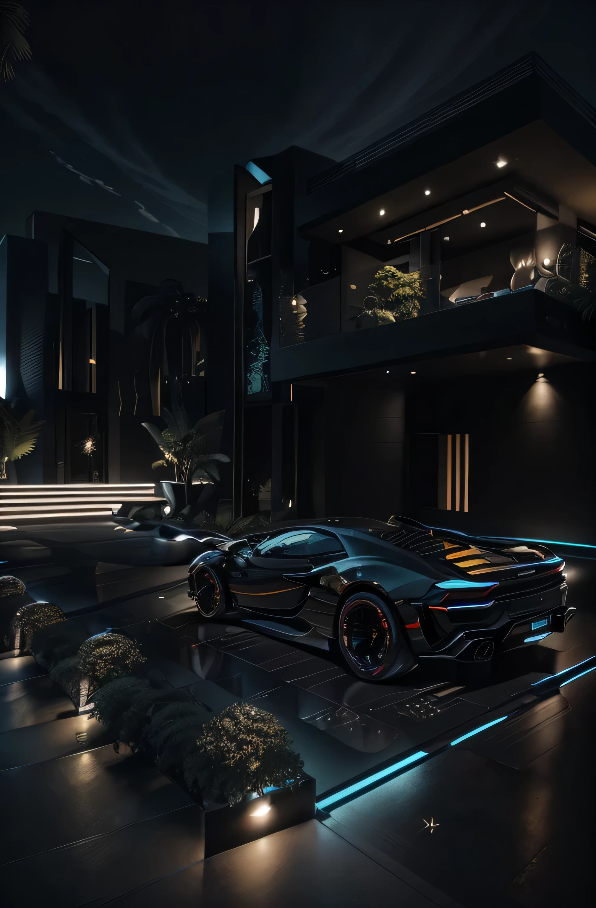 a black car parked in front of a modern house, luxury lifestyle, black car, luxury architecture, luxury and elite, dark and modern, ultra modern, hyper luxurious, black house, luxurious environment, expensive masterpiece, luxurious, rich style, modern style, expensive, rich house, with sleek lines and a powerful, extremely opulent, very expensive, elegant minimalism