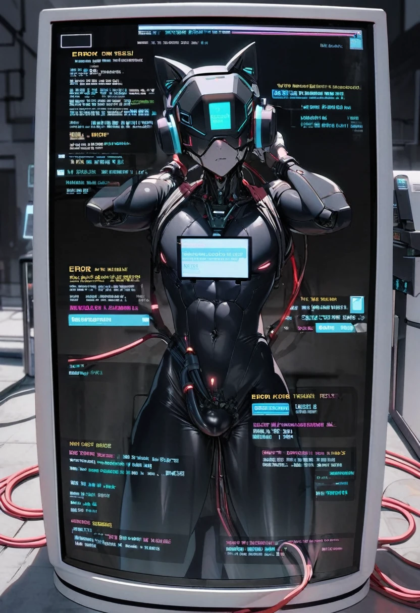 (nsfw5) (((1boy))), (((anime boy))), 20 years old, muscular body, latex suit, black latex, skintight no zipper neck entry latex suit, fullbody latex suit, shoulder plastic armour, ((robotic neck)), ((wearing virtual reality headset1.5)), ((thick cables plugged on headset)), cat ears, cyborg, latex, cyberpunk, cyberpunk hospital, (thick cables plugged on crotch1.5), (((((error messages on screen3.5))))),red lightning, mind reprogramming, ((corruption bodysuit)), blank stare, crotch bulge, restrained, (heads-up display), wearing black lipstick, cables plugged into cat ears, (((transformation into robot3))), (((assembly line arms5))), charging port on anus, (((charging cable plugged on anus3))), visible charging, battery percent level, charging station