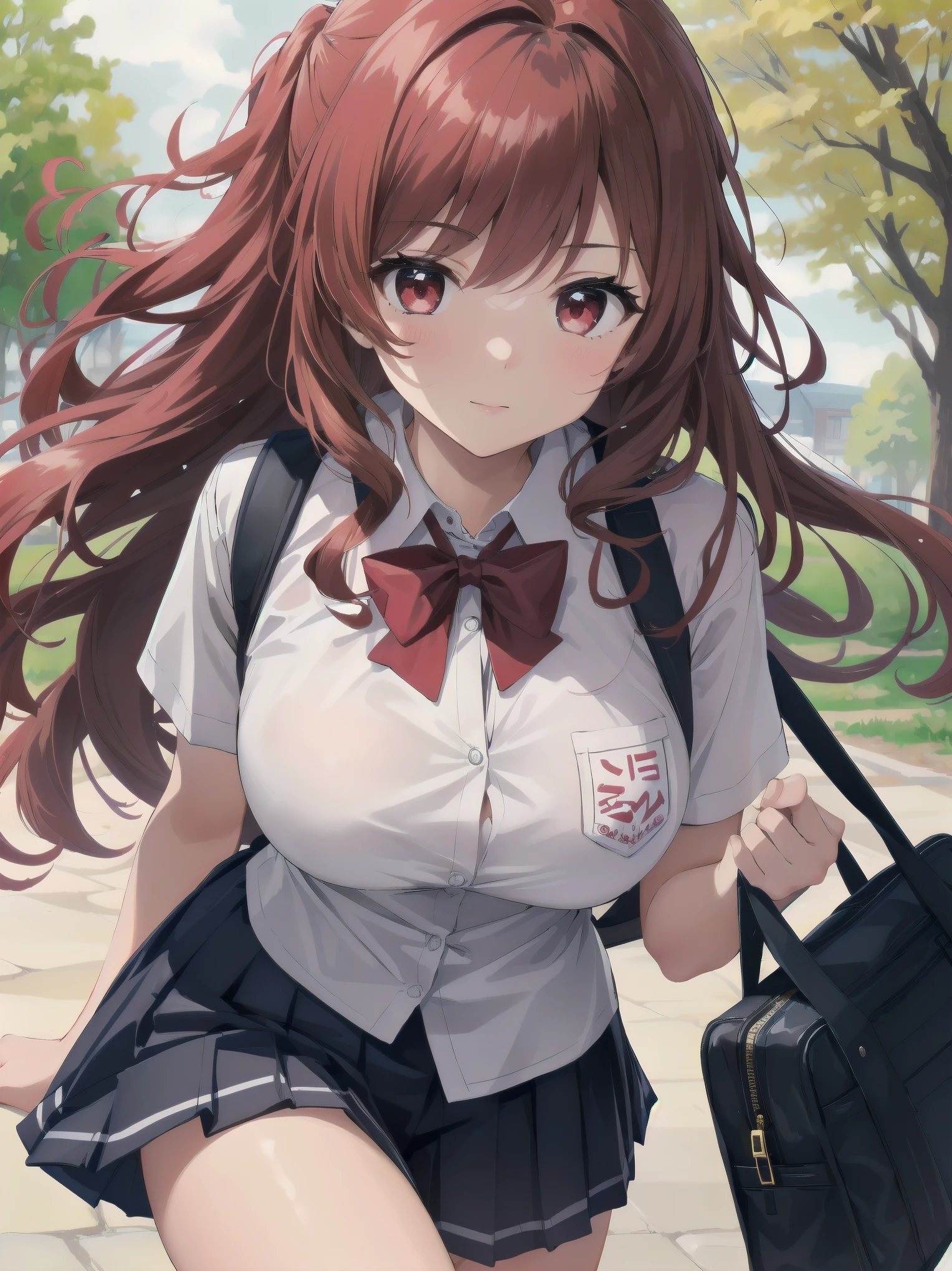 Masterpiece, top quality, super detailed, 16k,
One girl, spring, high school, warm colors, school bag, accurate and highly detailed background, flock of schoolgirls in uniforms of various body shapes and hairstyles, cute.
Blake.
A beautiful girl with wavy crimson hair. she is very well developed, Beautiful girl with wavy red hair. Suspended eyes, red eyes, good looks, big tits