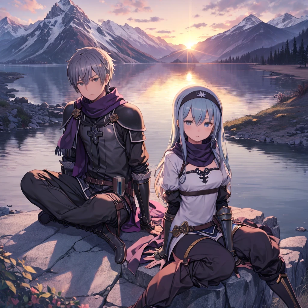 One girl, One boy, (highest quality, beruka, Gauntlet), armor, Purple scarf, Black gloves, pants, boots, wrap a bandana around your head, Sitting, in front, wood, Mountain, Beautiful landscape in the background, Soft sunset, A subtle reflection on the ground.