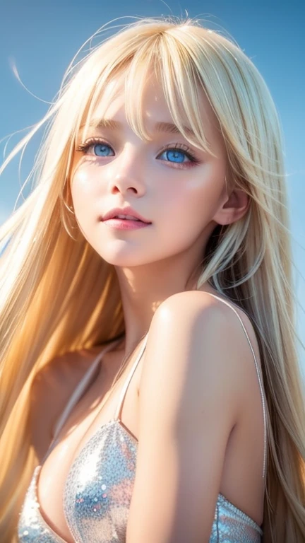A radiant blonde dancing in front of a beautiful face、Long, silky bangs that fall over the eyes、Bright pale white sky blue eyes、Very beautiful eye highlights、Long blonde hair on face、Super long straight silky hair、Super long, Bright, flowing blonde hair, Straight hair、Sexy and cute young woman、Terrible face、Cheek gloss、Bright expression、Small Face Beauty、Beautiful 15 year old Scandinavian girl