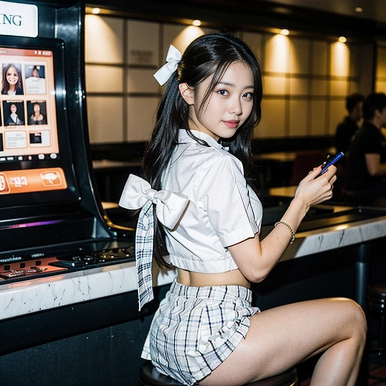 (Young beautiful woman)、(Forward bending)、(Shot from the bottom of the rear:1.2)、((Peeking into a miniskirt))、(Exposing the finest white panties:1.2)、(White Shirt、A bow tie、Tartan check mini skirt:1.3)、casinoの店員、casino