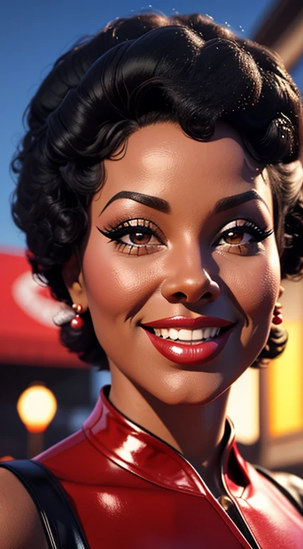 Maxine Sullivan, 1930s jazz singer, photo \(medium\), solo, depth of field, 1girl, blurry foreground, realistic, lips, teeth, 3d, afro, smile, photorealistic, black hair