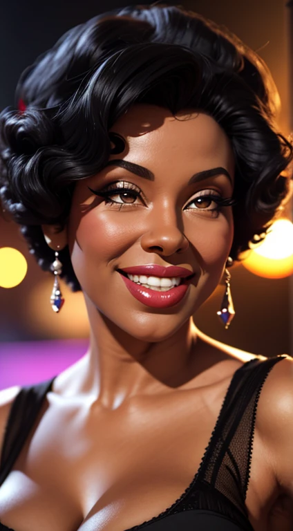 Maxine Sullivan, 1930s jazz singer, photo \(medium\), solo, depth of field, 1girl, blurry foreground, realistic, lips, teeth, 3d, afro, smile, photorealistic, black hair