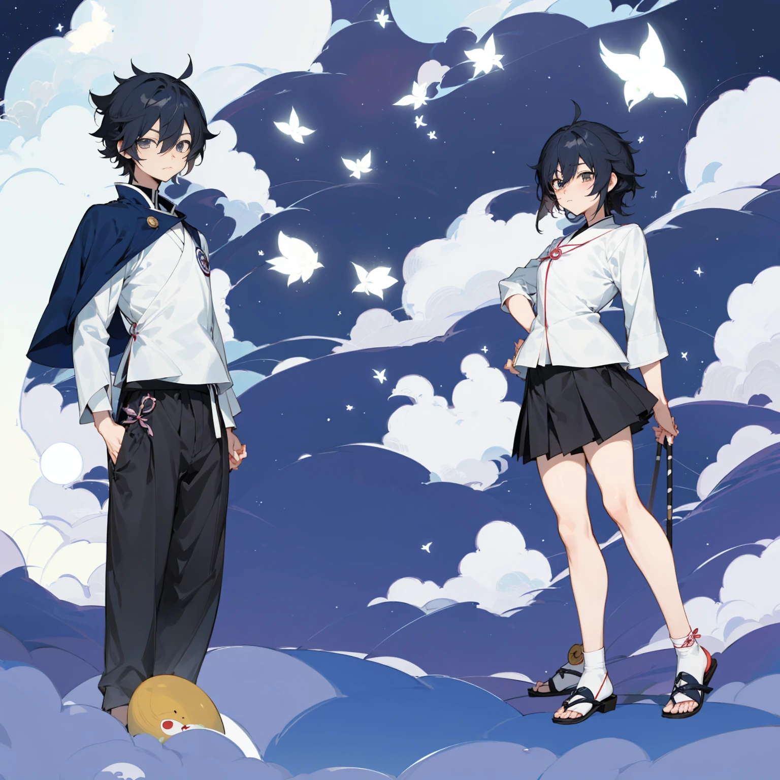personajes de anime parados frente a una luna llena con un fondo de cielo, inspirado en Okumura Masanobu, inspirado en Un'ichi Hiratsuka, inspirado en Matsumura Goshun, inspirado por Rumiko Takahashi, inspirado en Okumura Togyu, estilo anime plano, en estilo anime, inspirado en Ike no Taiga