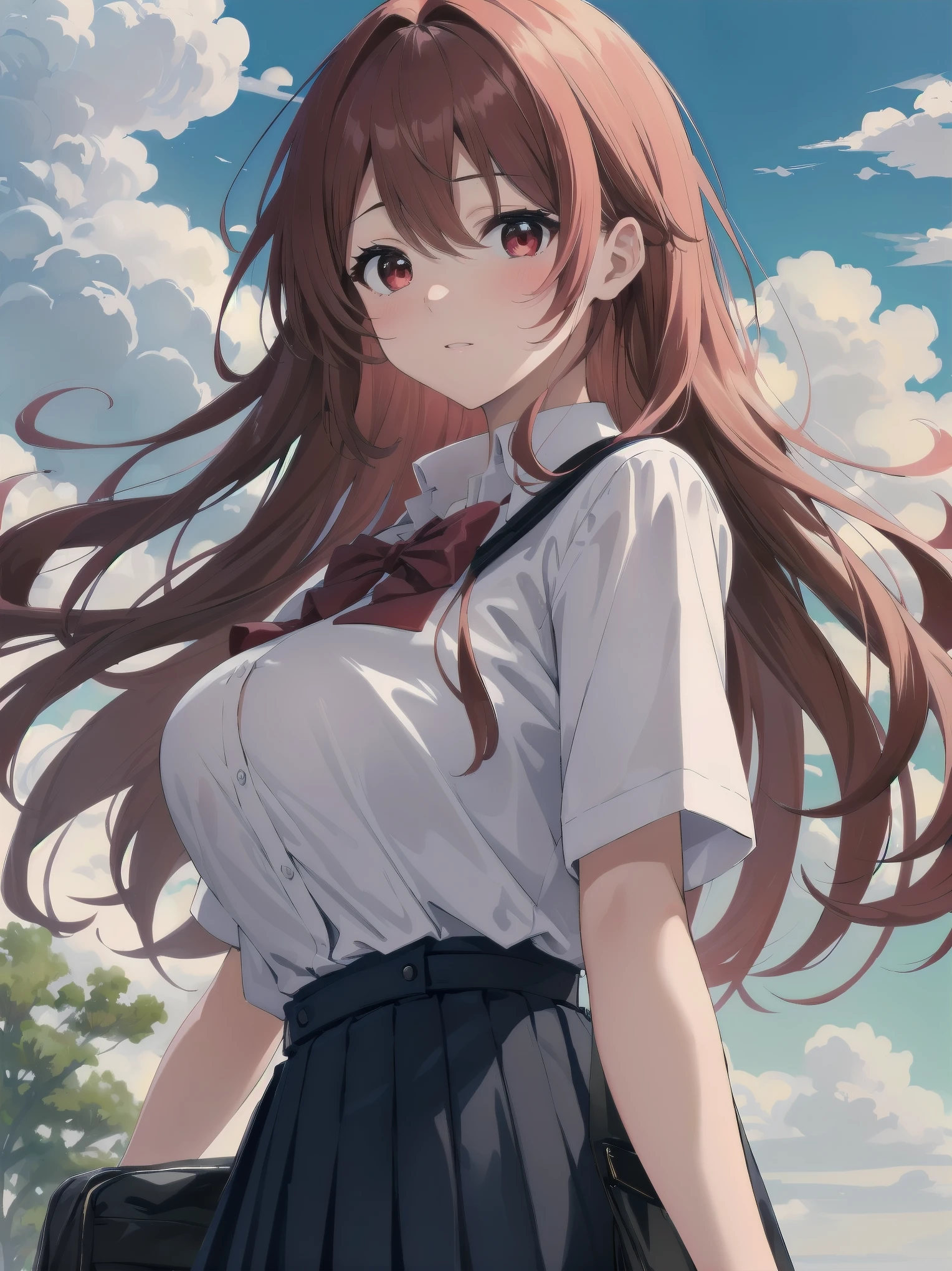 Masterpiece, top quality, super detailed, 16k,
One girl, spring, high school, warm colors, school bag, accurate and highly detailed background, flock of schoolgirls in uniforms of various body shapes and hairstyles, cute.
Blake.

A beautiful girl with wavy crimson hair. she is very well developed, Beautiful girl with wavy red hair. Suspended eyes, red eyes, good looks, big tits