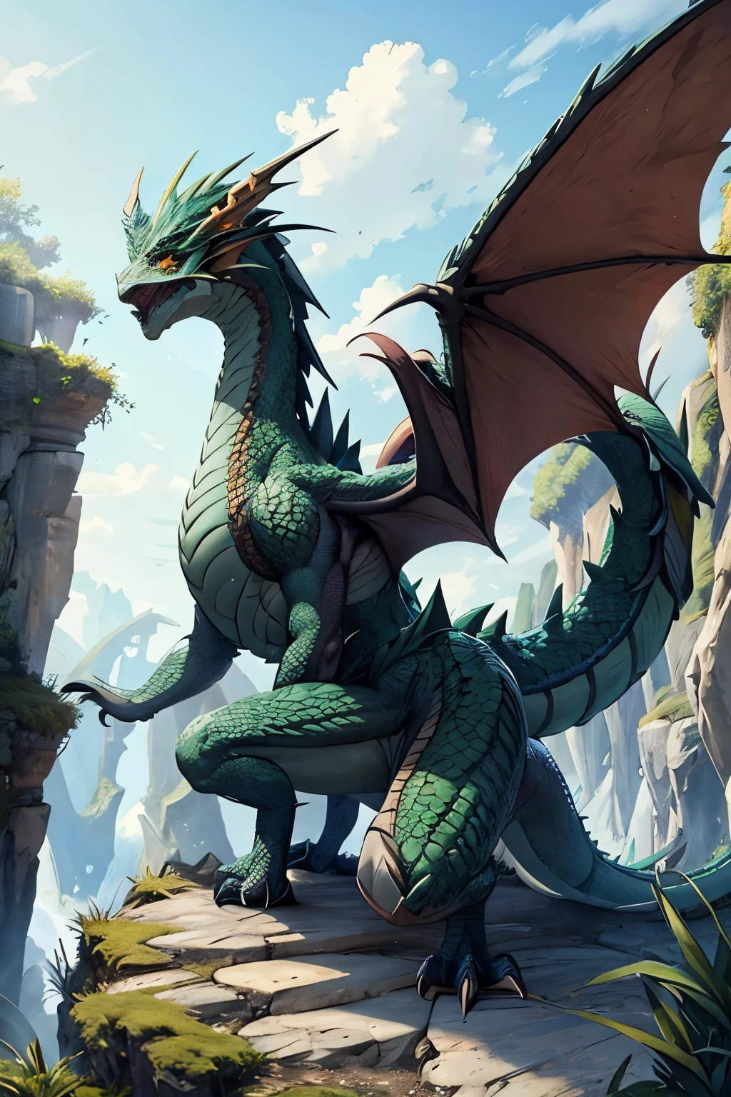 ((best quality)), ((masterpiece)), (detailed), one emerald green coloured dragon