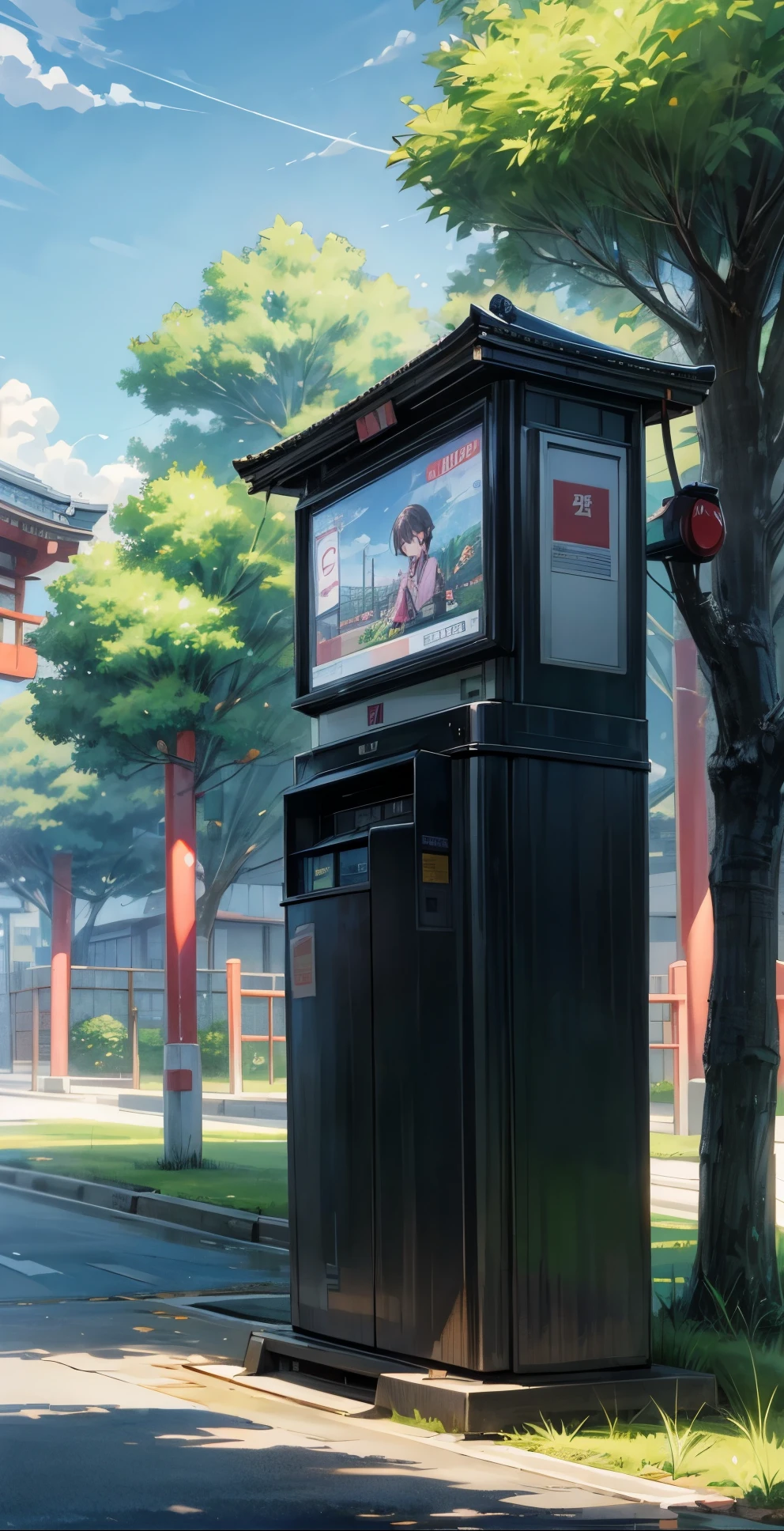 Detailed anime style,Beautiful Japanese street, camera focus on kiosk, grass and trees look great, detailed clouds,
