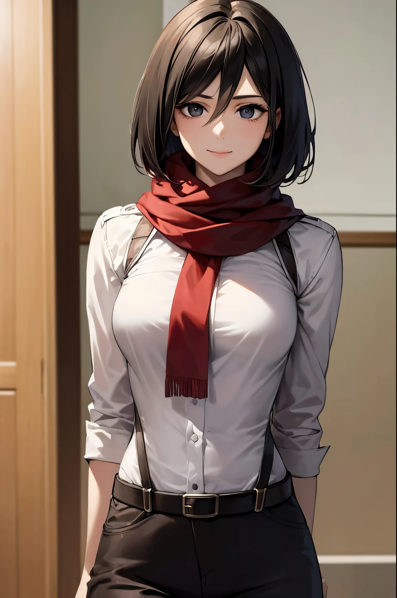 (masterpiece, best quality:1.2), expressive eyes, perfect face, highres, 1girl, solo, hmmikasa, short hair, black eyes, scarf, belt, thigh strap, red scarf, white pants, white shirt, hand on hip, smiling, standing, upper body, looking at the viewert