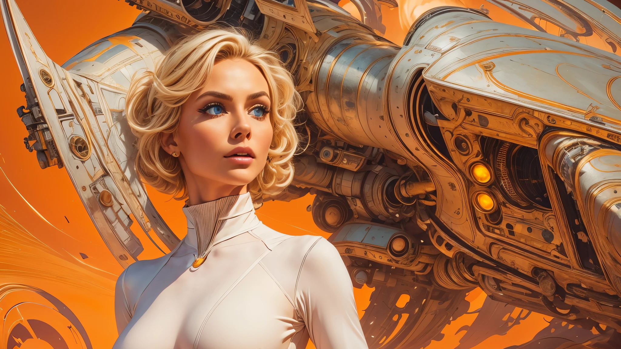 arafed image of a white woman in a futuristic suit with a spaceship in the background, movie art, in front of an orange background, inspired by Robert McGinnis, female protagonist, megastructure in the background, portrait of an ai astronaut, astronauts, an astronaut, portrait of a astronaut skeletor, perfect android girl, detailed eyes, perfectly detailed teeth, frank franzzeta and sakimichan  