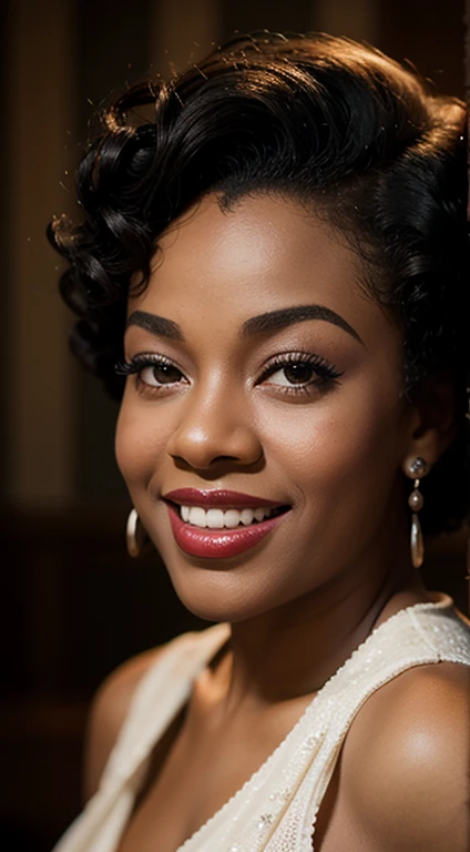 Maxine Sullivan, 1930s jazz singer, photo \(medium\), solo, depth of field, 1girl, blurry foreground, realistic, lips, teeth, 3d, afro, smile, photorealistic, black hair