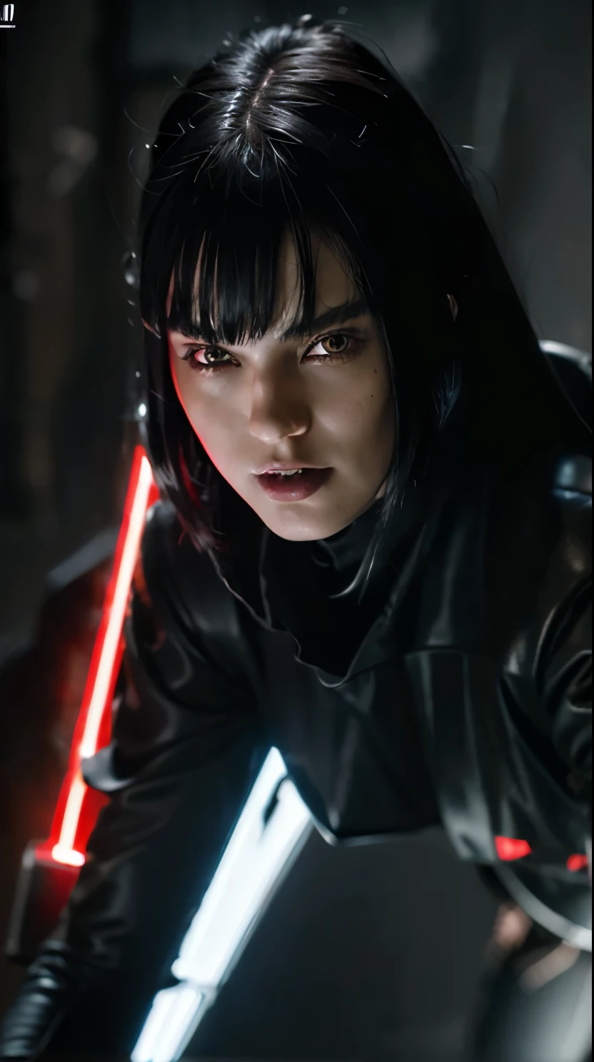 15 years old oriental girl, short bob cut black hair, bang, evil grin, pale skin, sith lord from star wars, wearing dark armor, black cape, modelling pose, cowboy shot, Ultra high res, uhd, (photorealistic:1.4), lighting from below, holding a red lightsaber hilt