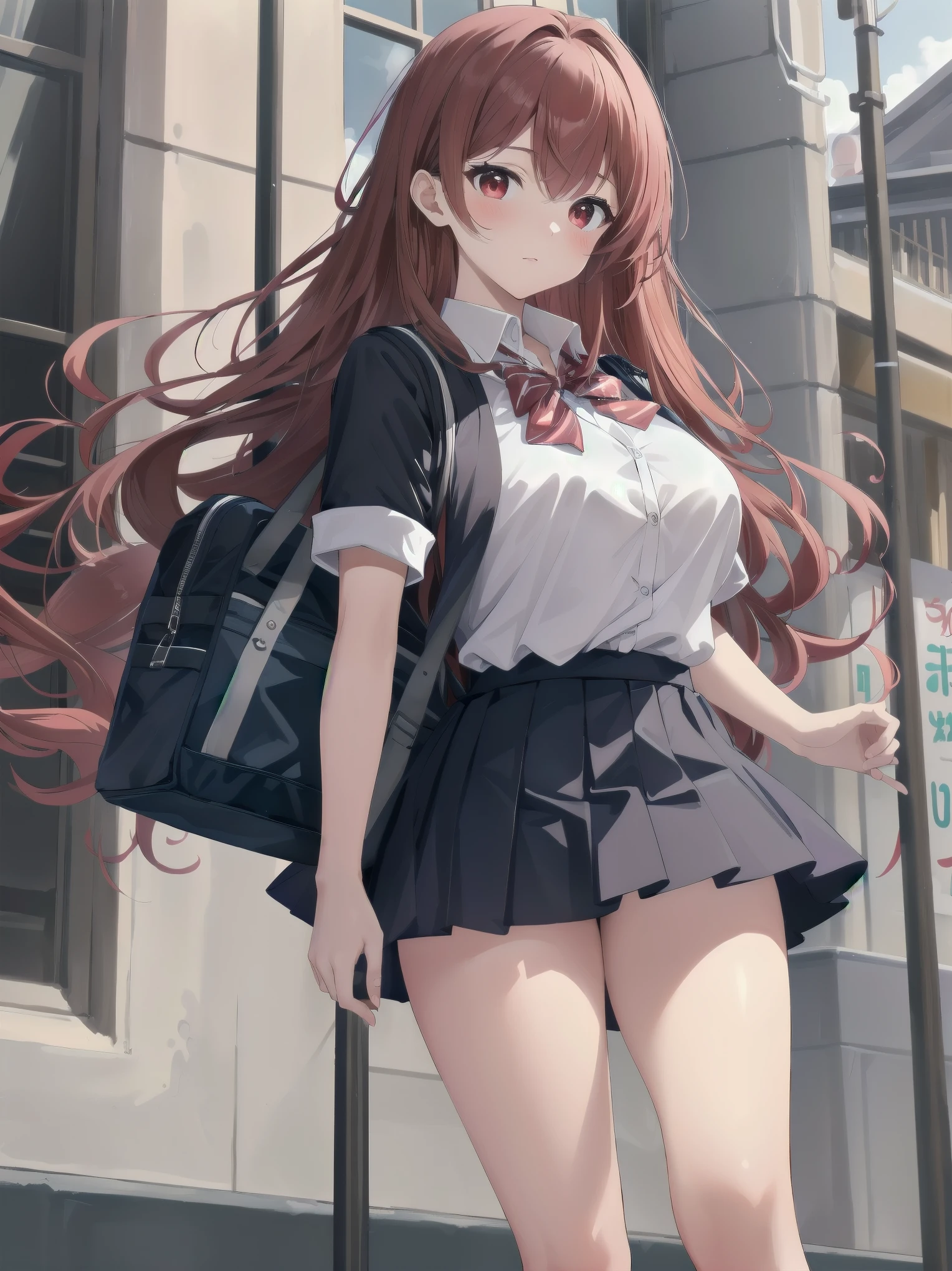 Masterpiece, top quality, super detailed, 16k,
One girl, spring, high school, warm colors, school bag, accurate and highly detailed background, flock of schoolgirls in uniforms of various body shapes and hairstyles, cute.
Blake.
A beautiful girl with wavy crimson hair. she is very well developed, Beautiful girl with wavy red hair. Suspended eyes, red eyes, good looks, big tits