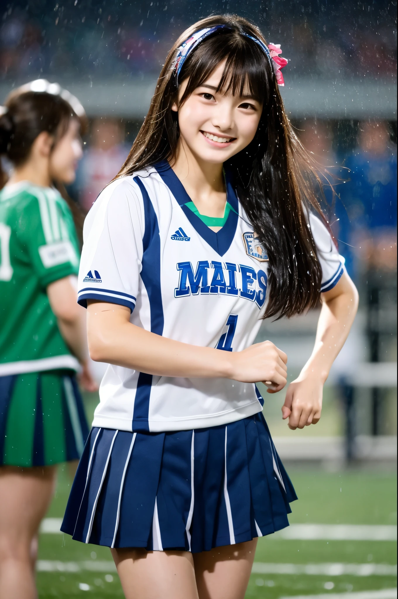 アイドルのようにvery cute、Cute and adorable、16歳のYoung faceのhigh school student少女, Young face、very cute、Smiling Kindly、Chichia Girl、Cleavageがはっきり見える、チアガールのユニフォームはCleavageが見えるデザイン、Cleavage、Cheering at a soccer match、Full body portrait、 Natural light、Accurate、Anatomically correct、Textured skin、Super Detail、 Attention to detail、highest quality、High resolution、Real、realism、Raw photo、Genuine、masterpiece、Guitar Heroine、high school student、Live at the gym