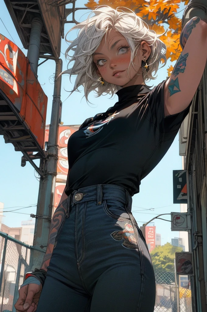 CG K Ultra-realistic ,((de primera calidad、8k、32K、masterpiece、nffsw:1.3)), (superfine illustration)、(super high resolution), (((cuerpo adulto))), (((1 chica en))), ((( bob de pelo corto ))), 25 year old cyberpunk gladiator with perfect body, Hombreras con espinas de metal., Gladiadores in Brooklyn, (( bob de pelo corto )), Camiseta del equipo de rugby rota, Casi desnudo al estilo urbano salvaje de Simon Bisley, pelo rubio corto, Minimal clothing, Metallic protection on the left arm with complex graphics., Rojo oscuro con estrellas blancas y rayas azules y blancas., armadura, Lleno de puntas y remaches., Tatuaje de veneno (((Imagen desde la rodilla hacia arriba))), pelo rubio blanco corto, En el fondo、 There is a wall with an intricate design painted by Shepard Fairey.