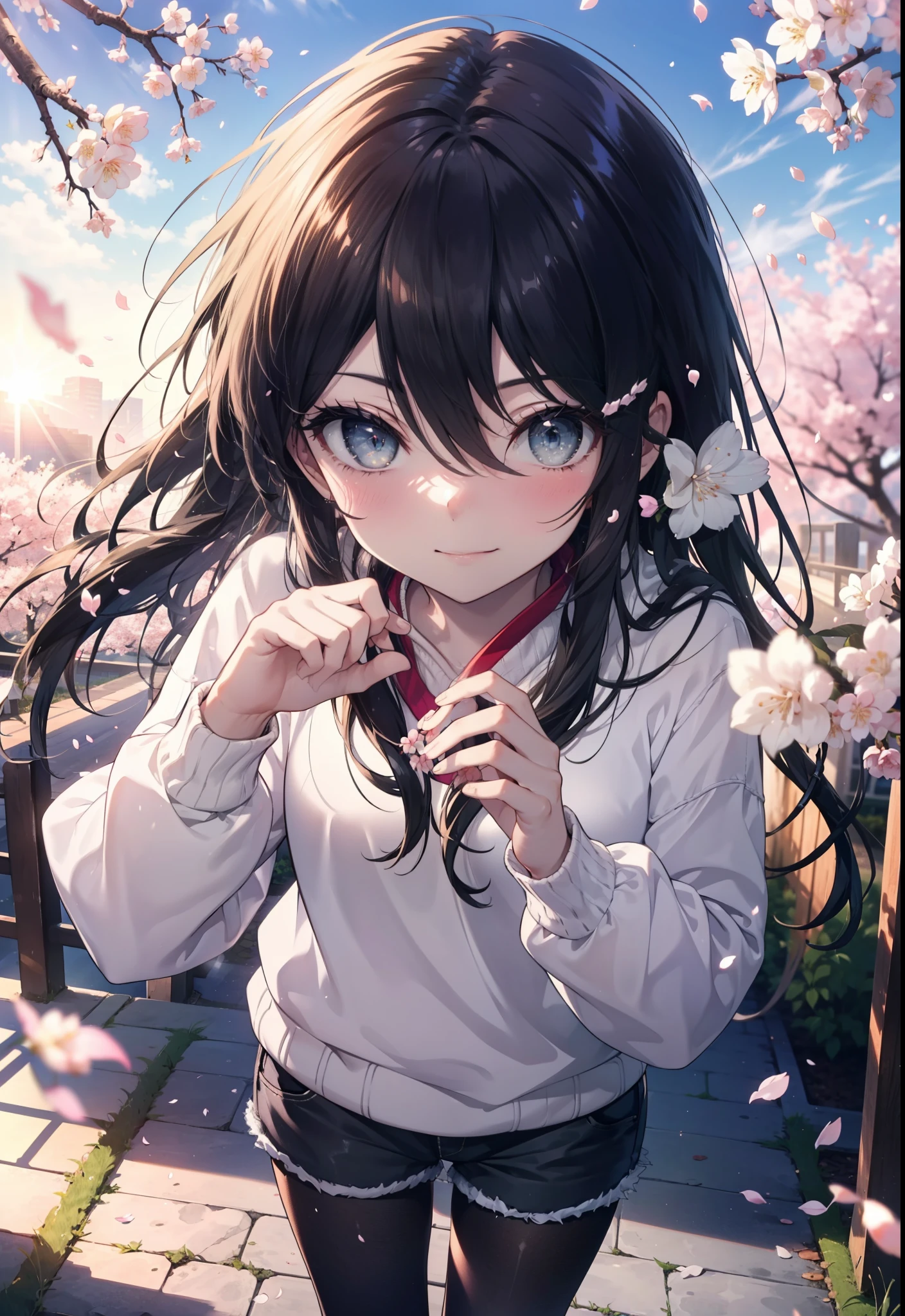 Shana,灼眼のShana,Long Hair,Black Hair, Black eyes Small breasts,smile,blush,White Sweater,Shorts,Black pantyhose,Mini Boots,Cherry blossom tree-lined path,Cherry blossoms are blooming,Cherry blossoms are scattered,morning,morning陽,The sun is rising,Looking down from above,
break looking at viewer, (Cowboy Shot:1. 5)
break outdoors, garden,
break (masterpiece:1.2), highest quality, High resolution, unity 8k wallpaper, (figure:0.8), (Detailed and beautiful eyes:1.6), Highly detailed face, Perfect lighting, Extremely detailed CG, (Perfect hands, Perfect Anatomy),