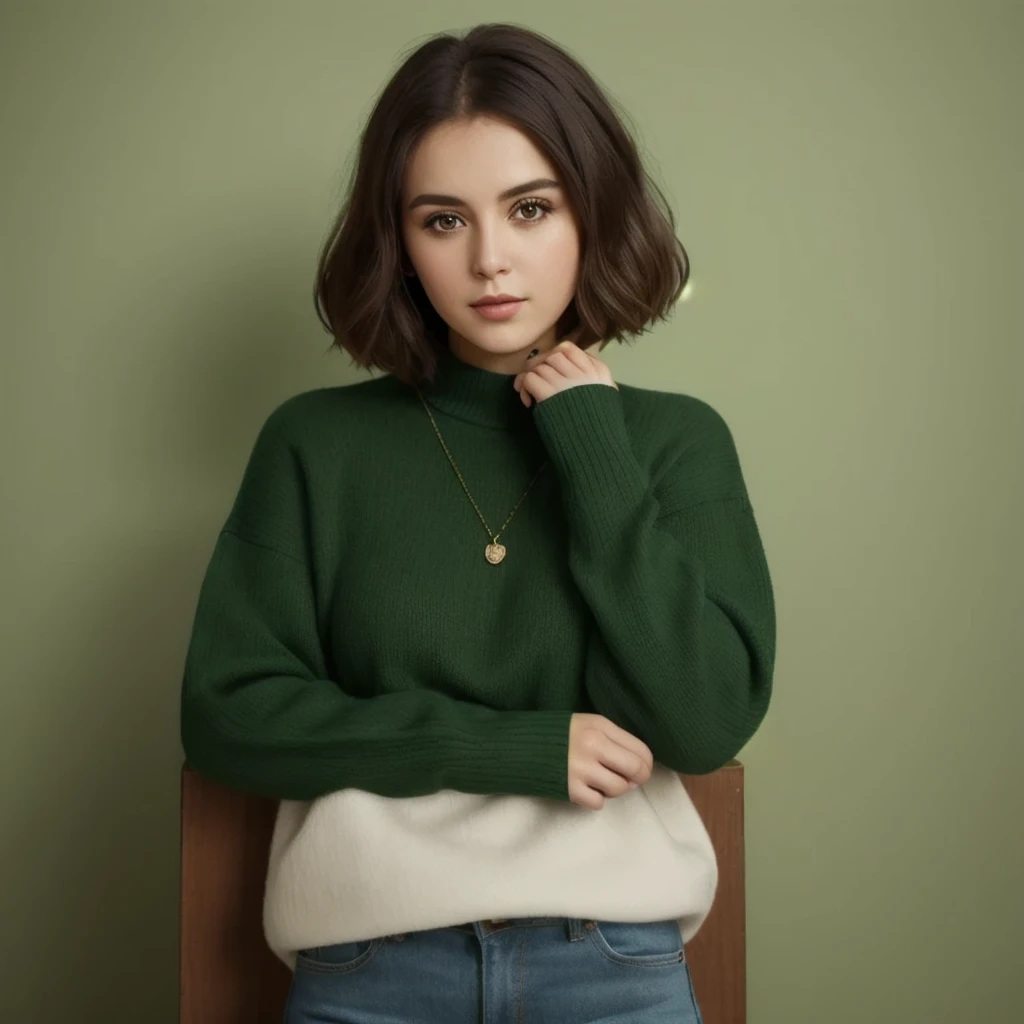 arafed woman in a green sweater and jeans posing for a picture, wearing a green sweater, casual pose, chin-length hair, color portrait, thoughtful pose, short green bobcut, portrait photo of a backdrop, green clothes, promotional portrait, color studio portrait, alina ivanchenko, green hue, pokimane, detailed portrait shot, charli bowater