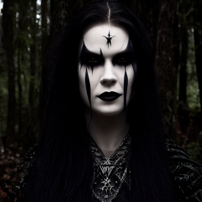 (masterpiece, best quality:1.2),  solo, highres, best quality, Half body shot of a pale white skin woman with black metal make-up in a dark forest, forest at night, horror movie. high details, super detail, textured skin, masterpiece, UHD, 4K, 8k. 