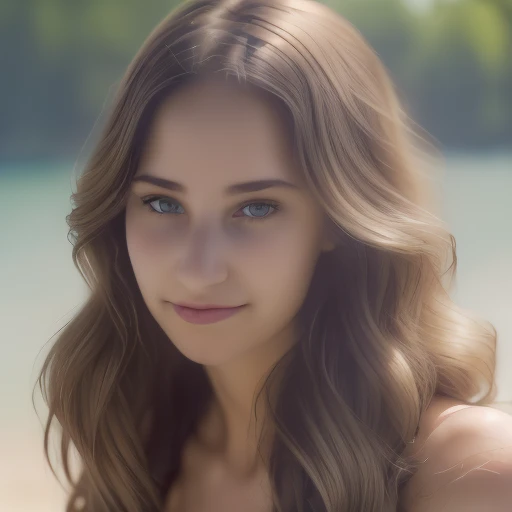 Realistic Photography, Portrait Beautiful Female, close-up, editorial photograph of a  20 year old woman), (highly detailed face:1.4) (smile:0.7)  POV, by lee jeffries, nikon d850, film stock photograph ,4 kodak portra 400 ,camera f1.6 lens ,rich colors ,hyper realistic ,lifelike texture, dramatic lighting , cinestill 800, RAW photo, (((Portrait of amazing beauty))), ((Shining white skin)), (((Shiny natural bright brunet hair)), [perfect eyes], wavy hair is its natural volume,  defined curls  hair, eyeliner, hair between the eyes, waving hair, laughter, ((masterpiece, top quality, super detailed, film light, high resolution, very detailed)), detailed background, 8k UHD digital, SLR camera, soft light, high quality, shallow depth of field, natural soft light, (perfect hands), perfect beautiful face. Huge breast.The final image must be sharp, with no blurriness or compression artifacts, reflecting true-to-life proportions and high fidelity in a 3:4 aspect ratio. Aim for a resolution that allows even the smallest details to be crisp and vivid.
